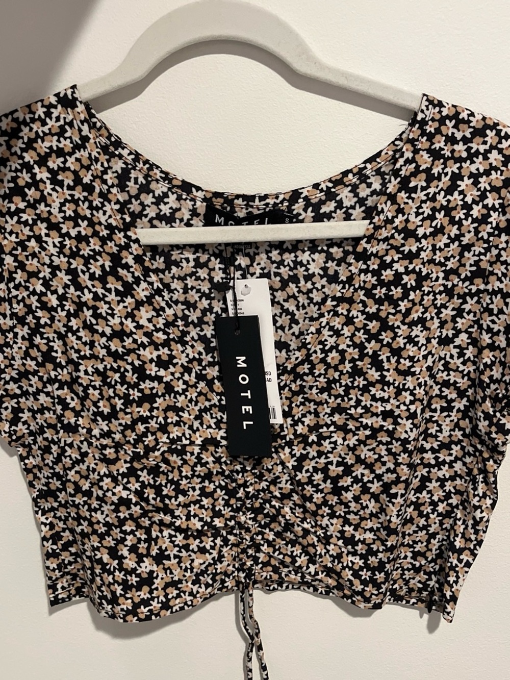 NWT Motel Rocks Black Floral Drawstring Crop Top with Cream & Tan Flowers